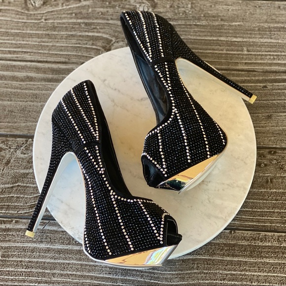 Peep Toe Crystal Studded High Heel Stiletto Pumps - Picture 2 of 6